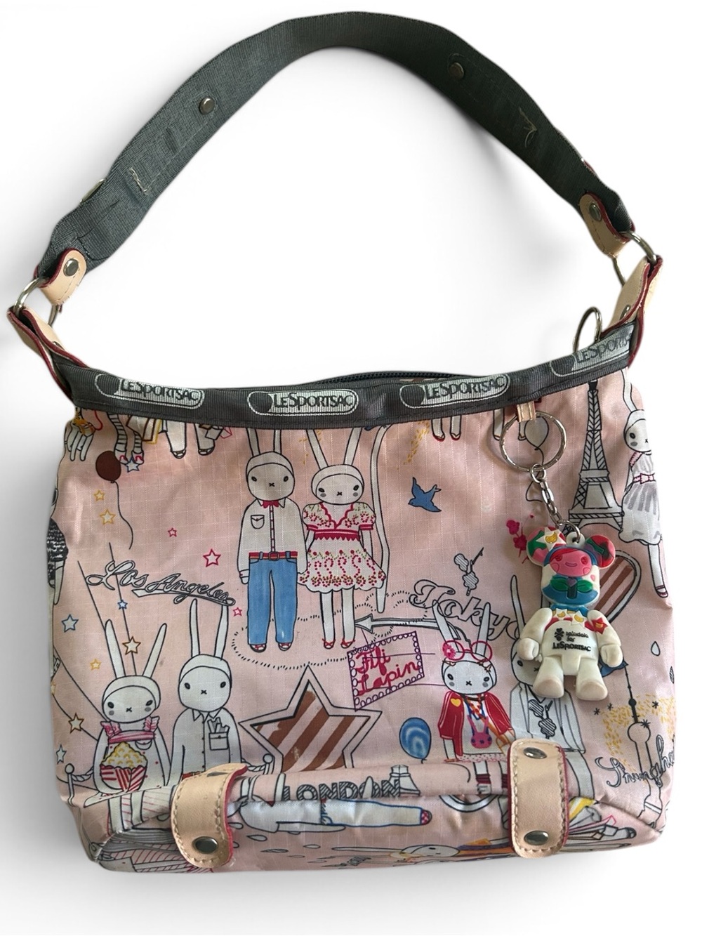 LeSportsac & Fifi Lapin Pink Bunny Print Shoulder Bag with Charm Hard to Find